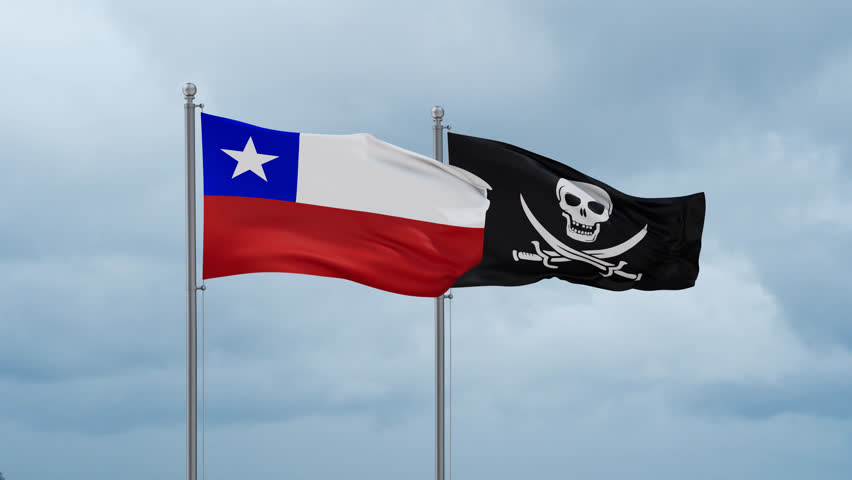 Chile flag and Corsair flag waving together on cloudy sky, endless seamless loop Royalty-Free Stock Footage #3489757457