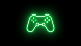 Neon gamepad sign animation, half rotation forward backward. Glowing neon 3D joystick icon, looped spin animation. Game station controller, play console, joypad for videogames. Bicolor green yellow