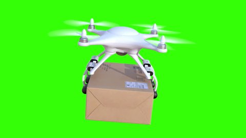 Quadcopter delivers a package, seamless looping 3d animation on green background, 4K