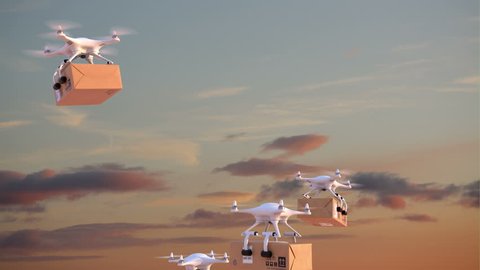 Quadcopters deliver packages against time-lapse evening sky background, 3d animation on green background, 4K