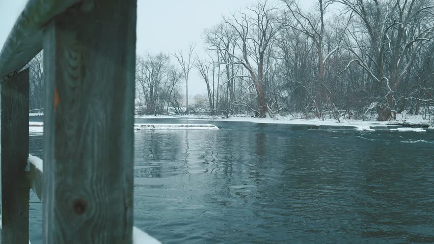 Zoom Time lapse of snowy river in Wisconsin