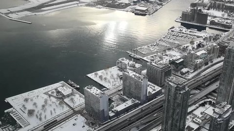 Aerial view of Toronto and Ontario lake in winter