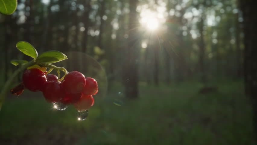Radiant sunlight through forest trees illuminating red berries with dew