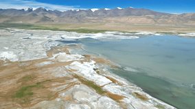 Mountain lake Tso Kar, aerial view of the Himalayas, Ladakh drone video