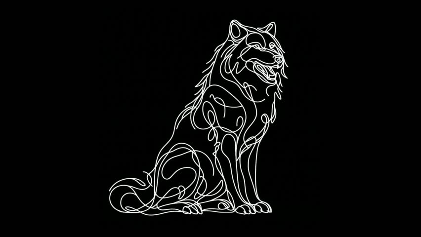 A white outline of a Wolf Sitting on a black background. The wolf color Style line. Resolution is 4K.
