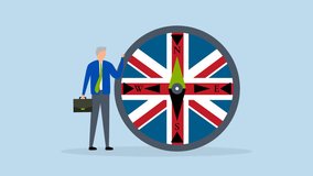 UK, United Kingdom economic direction,  animation of direction compass with Union Jack UK flag with businessman leader. - Powered by Shutterstock - Get 15% off with code: PIKWIZARD15