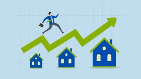 Housing price rising up, animation of businessman running on the roof of a building with a rising green graphic. - Powered by Shutterstock - Get 15% off with code: PIKWIZARD15