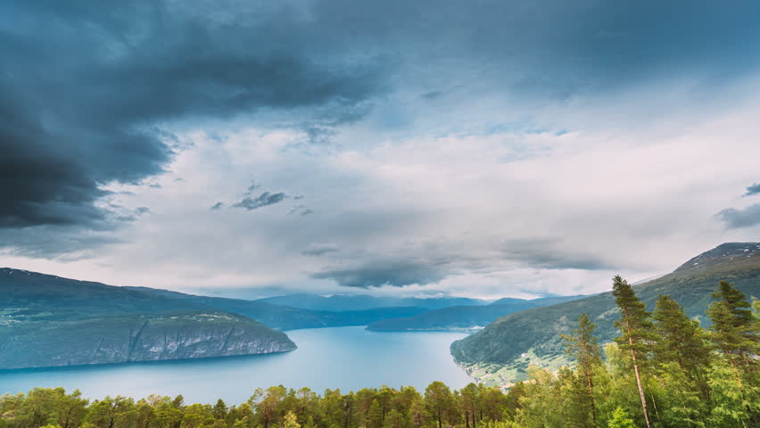 Utvik, Sogn Og Fjordane County, Norway. Norwegian Mountain Lake Landscape. The Innvikfjord Is A Sub-fjord Of Nordfjord In The Municipality Of Stryn In Sogn Og Fjordane. Time-lapse 4k. Royalty-Free Stock Footage #3490132805