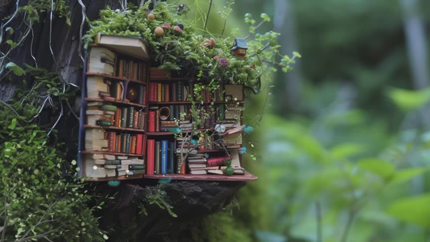A miniature library crafted from tiny books, inviting fairies to explore the world