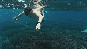 Cinematic footage of male free diver exploring the ocean bottom with reef and caustic light. Recreation on summer holiday. Man snorkeling in tropical sea. Person swimming with snorkel and flippers.