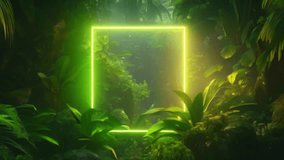 In the lush greenery of the jungle, a vertical rectangular green neon frame adds an urban touch amidst the natural setting. - Powered by Shutterstock - Get 15% off with code: PIKWIZARD15