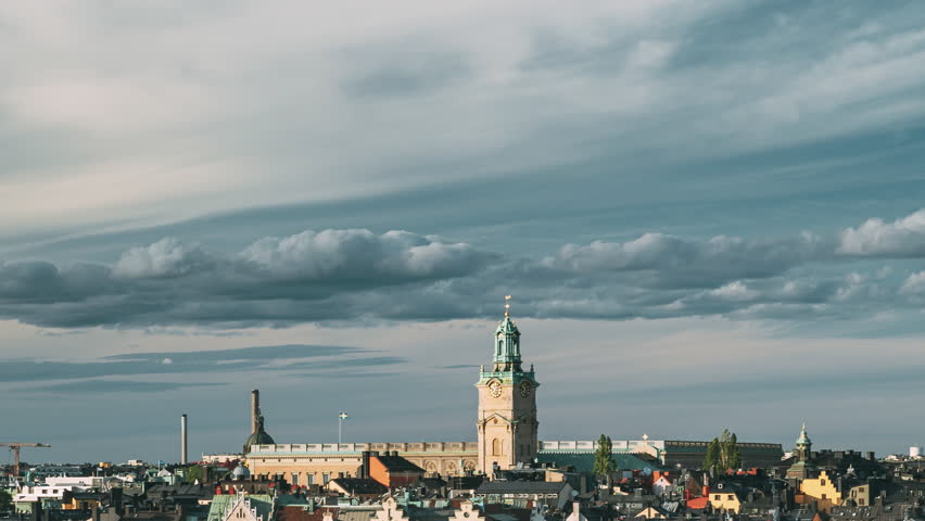 Stockholm, Sweden. Scenic Skyline View Of Old Town With Tower Of Storkyrkan - The Great Church Or Church Of St. Nicholas. Stockholm Cathedral Is The Oldest Church In Gamla Stan, The Old Town