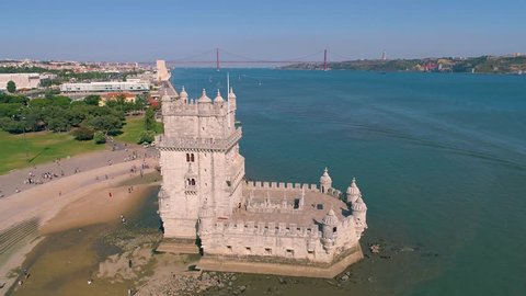 Portugal Lisbon Belem Tower Aerial view Tagus river Famous tower Summer  4k
