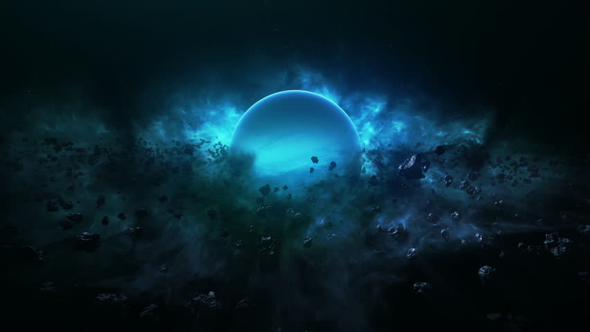 Blue planet in space There are meteorite rocks scattered around.