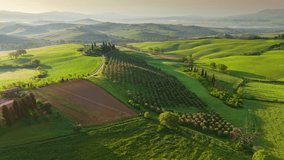 Classic Tuscany landscape with green hills and farmland country at sunrise. Aerial shot of green spring fields and hills in Tuscany, Italy - Powered by Shutterstock - Get 15% off with code: PIKWIZARD15