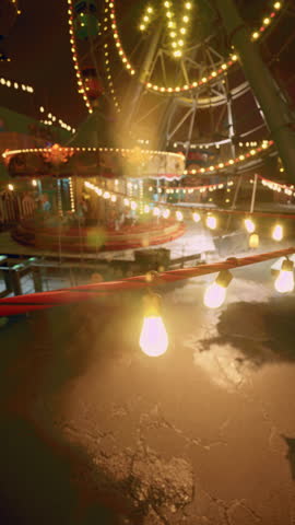 A carnival ride at night stands out against the darkness, brightly lit by multiple lights in an old deserted amusement park.