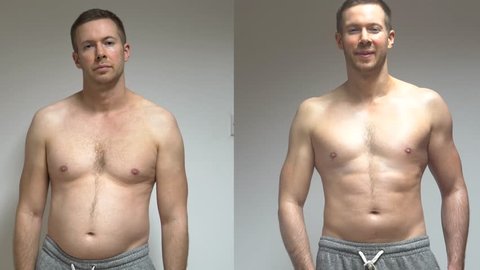Real Body Transformation Of A Young Man, Before And After Fitness Goals, Fat Loss. Split Screen 4K. Success And Motivation.