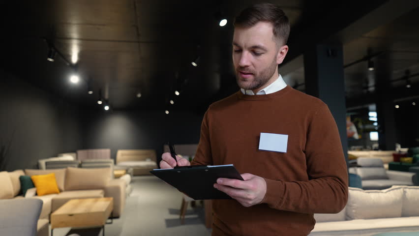 Sales assistant making notes in clipboard in furniture store Royalty-Free Stock Footage #3490524303