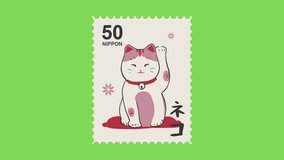 Animation video of cute stamp lucky cat on green screen background