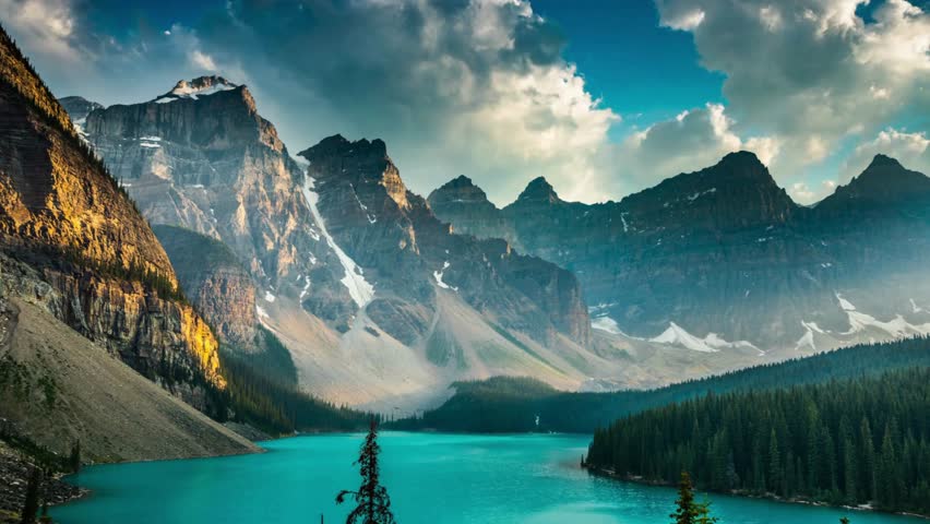 Golden Hour Magic: Time-Lapse Sunset Over Ten Peaks at Moraine Lake, Banff National Park, Alberta, Canada - Captured in Exquisite 4K Video Royalty-Free Stock Footage #3490637531