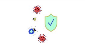 Virus bugs against shield line 2D objects animation. AI protected flat color cartoon 4K video, alpha channel. Computer security. Cybersecurity. Firewall antivirus animated elements on white background