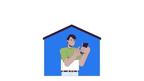 Smart home phone man line 2D animation. Typing cellphone. Remote access with smartphone indian guy 4K video motion graphic. House technology linear animated cartoon flat concept, white background