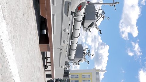 Vertical video. Layout torpedo boat 'Komsomolets' (Project 123-bis). Pyshma, Ekaterinburg, Russia - August 16, 2015 Museum of military equipment 'Battle Glory of the Urals'