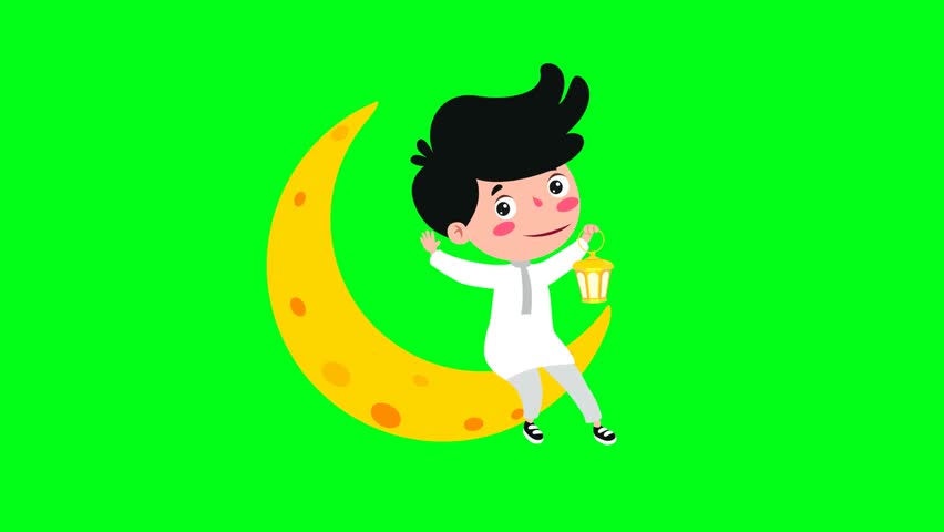 2d animated cartoon a boy character who sits on the crescent moon and swings, talks and sings in green screen chroma key. 4K resolution.
