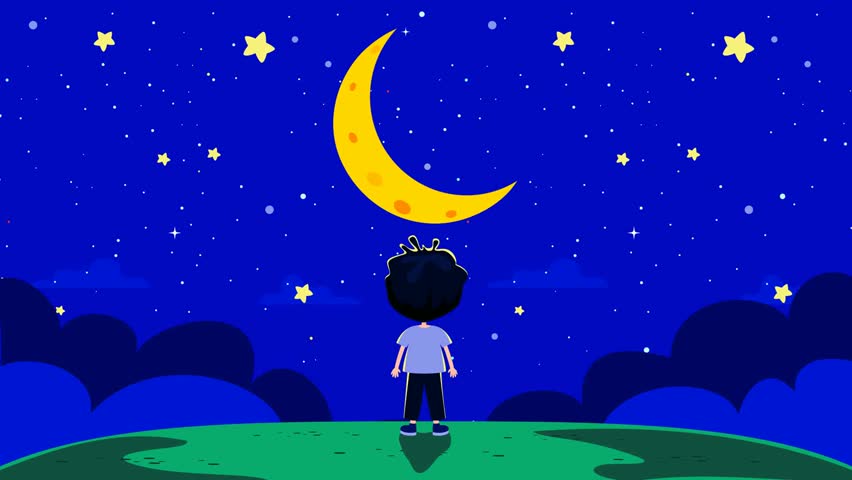 2d animated cartoon character of a boy who has his back to us and looks at Moon in night sky background and raises his hands, prays. 4K resolution.