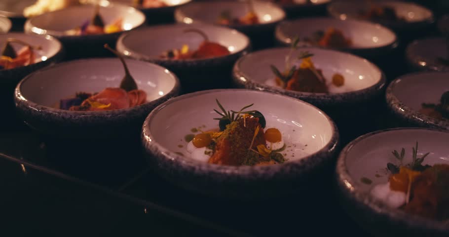 modern presentations of haute cuisine, European food establishments, restaurants with Michelin star. minimalist decoration, original serving of food. dark background professional lighting