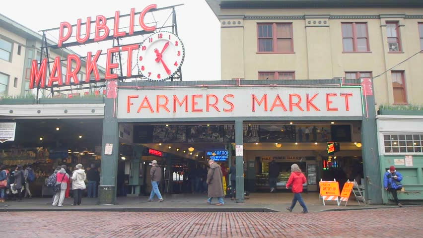SEATTLE, WASHINGTON - CIRCA 2013: Public farmer's market exterior at Pike Place