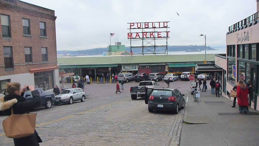SEATTLE, WASHINGTON - CIRCA 2013: Public market exterior at Pike Place Market
