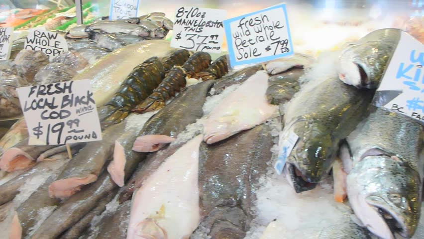 King salmon fish and seafood stand in market