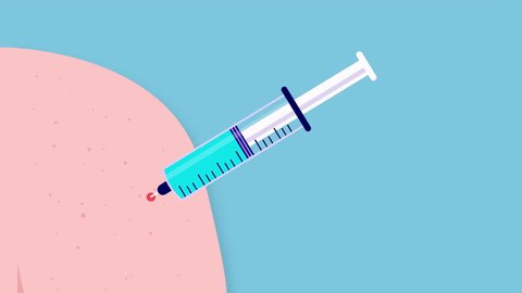 Syringe vaccine shot animation - Animated vector video in flat design of needle with medicine being injected in arm below shoulder. Vaccination and medical treatment concept 库存视频