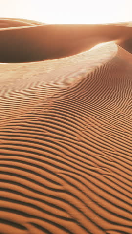 Vertical video. A massive sand dune stands prominently in the middle of a vast desert, towering over the arid landscape. The golden sand is shaped by wind, its peak revealing intricate patterns.