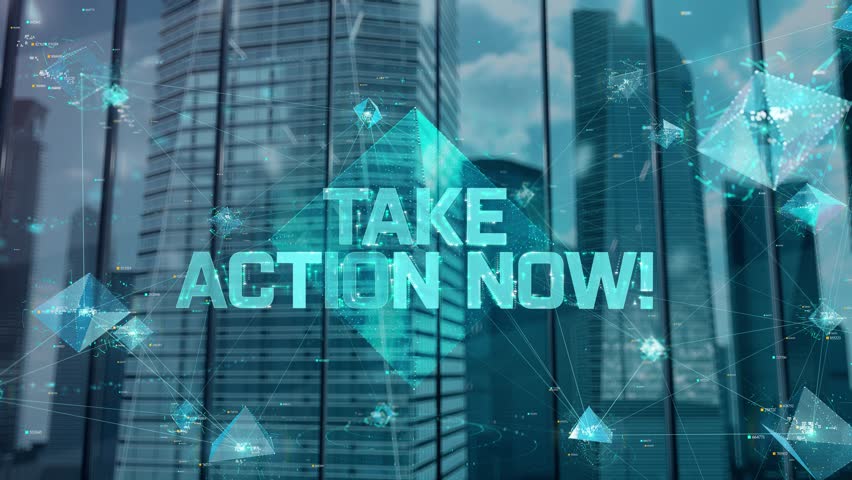 Take Action Now. Businessman Working in Office among Skyscrapers. Hologram Concept