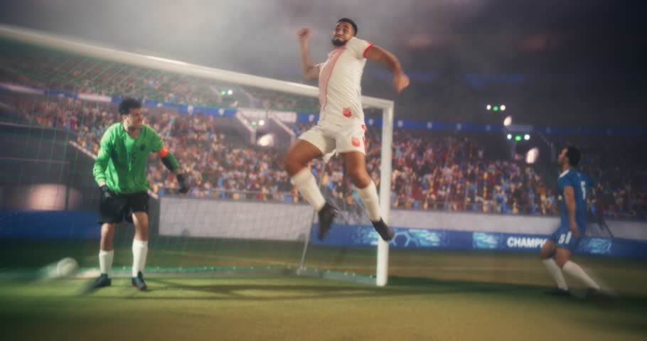 Footballers in White and Red Uniform Celebrating Victory, Scoring a Goal and Winning a Major League Cup. Soccer Championship Game at an Outdoors Stadium with Crowds of Football Fans. Warm Color Grade