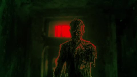 Dark zombie entered room of abandoned house 2D animation. Video clip in horror genre. Apocalyptic doomsday theme. Infection area. Danger zone. Scary animated backdrop movie. Green and red background.