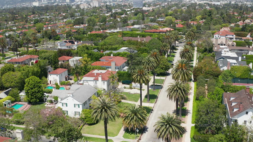 Establish shot of Los Angeles suburban neighborhood with beautiful palm trees - Aerial Drone View