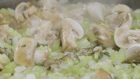 Preparation of pasta sauce. Champignons, black truffles, white onions, celery and other ingredients are fried in a pan to make a truffle sauce for spaghetti pasta. Slow motion video.