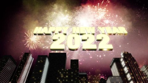 Seamless looping 3d animated skyline with fireworks in the sky and the 3d text “happy new year 2022” in 4K resolution