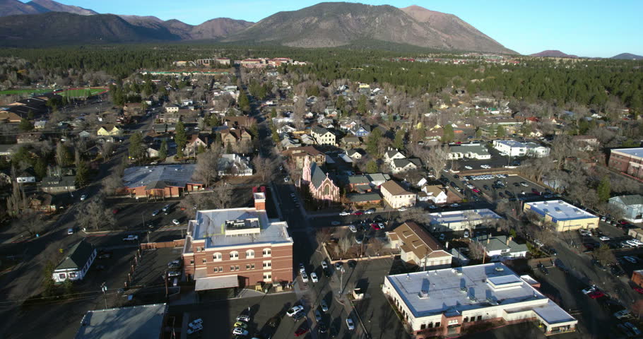 Flagstaff, Arizona USA, Aerial View of Church of The Nativity of the Blessed Virgin Mary in Downtown Neighborhood
