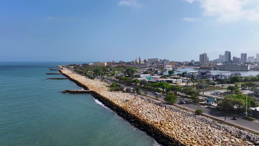 Coastal Road At Cartagena De India In Bolivar Colombia. Caribbean Cityscape. Downtown Background. Cartagena De India At Bolivar Colombia. Tourism Landscape. Walled City Landmark.