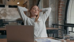 Business woman Caucasian businesswoman girl female office worker work reading data documents report satisfied relaxed stretching at chair rest break hands behind head looking window close eyes relax - Powered by Shutterstock - Get 15% off with code: PIKWIZARD15