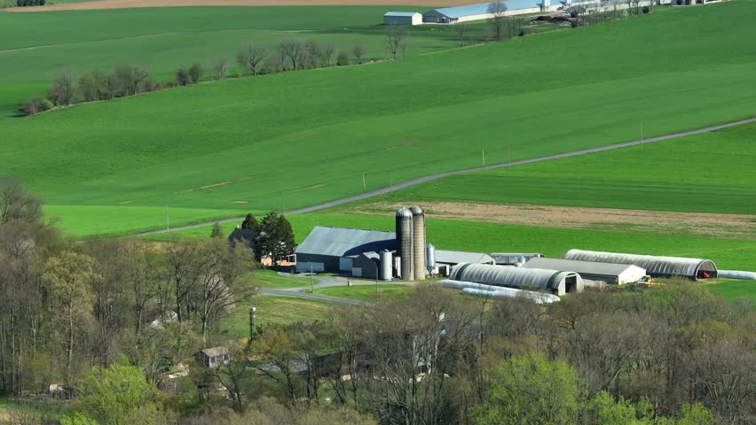 Drone wide shot showing many farms in rural area of Illinois, USA. Beautiful sunny day with green fields and hills in America.