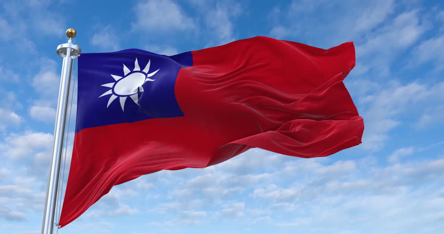 Taiwan flag with flagpole waving in wind, rolling clouds background looping, 4K video (Perfect Loop)