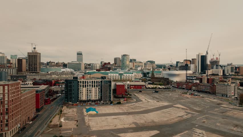 Aerial shot of Birmingham, UK. Capturing the Rotunda and Birmingham City Skyline
