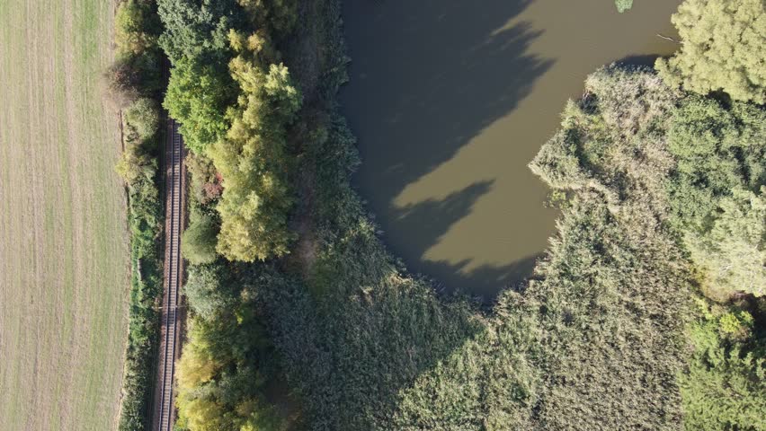 Aerial drone view of a railroad running beside a lake, surrounded by green forest. Beautiful nature and infrastructure in harmony.