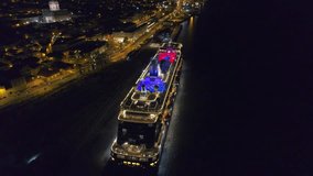 Portugal Lisbon 4k travel video. Aaerial boat sailing ship night sailing cruise liner