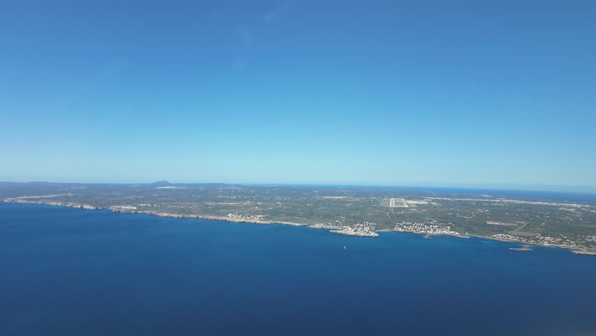 Hyperlapse X5 pilot POV landing at Menorca airport, Balearic Island, Spain. Immersive view as seen by the pilots. Splendid sunny morning. 4K